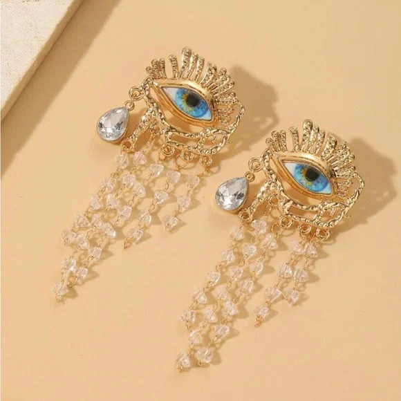 “Blue Eye Chandelier” Vivid Realism Cry Iris Tiered Crystal Tear Tassel Earrings - Picture 4 of 12